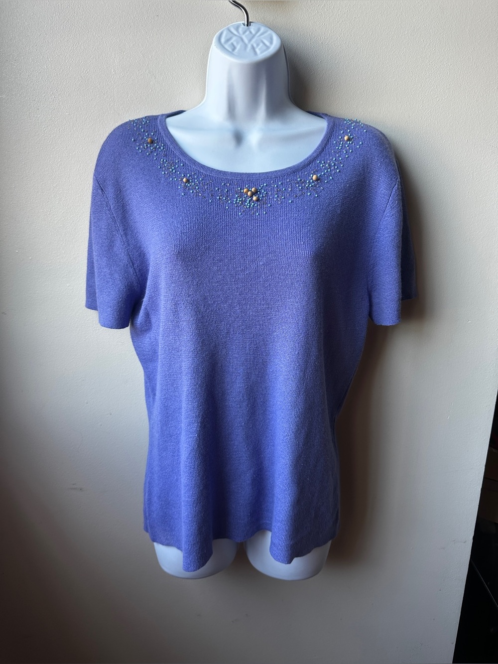 Y2K Periwinkle Blue Beaded Knit Top Embellished Short Sleeve Sweater